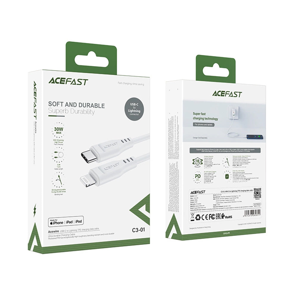 Kabel do danych i ładowania USB-C - Lightning Acefast C3-01, 30W, 1.2m, Biały