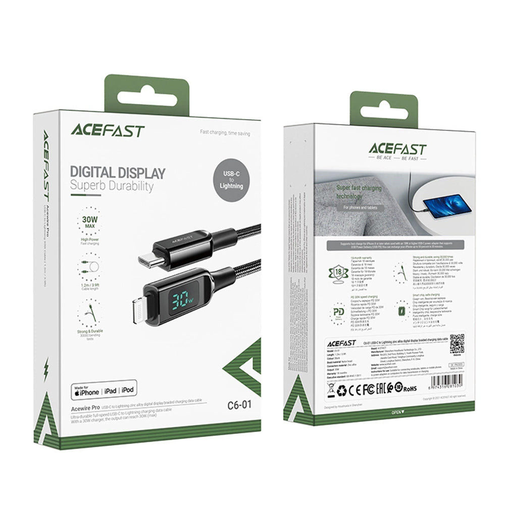 USB-C to Lightning Data and Charging Cable Acefast C6-01 Display, 20W, 1.2m, Black