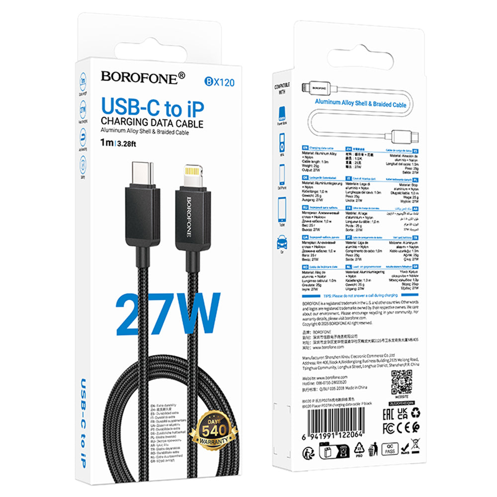 Kabel do danych i ładowania USB-C - Lightning Borofone BX120 Placer, 27W, 1m, Czarny