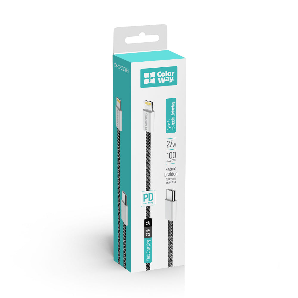 Kabel do danych i ładowania USB-C - Lightning ColorWay CW-CBPDCL061, 27W, 1m, Czarny