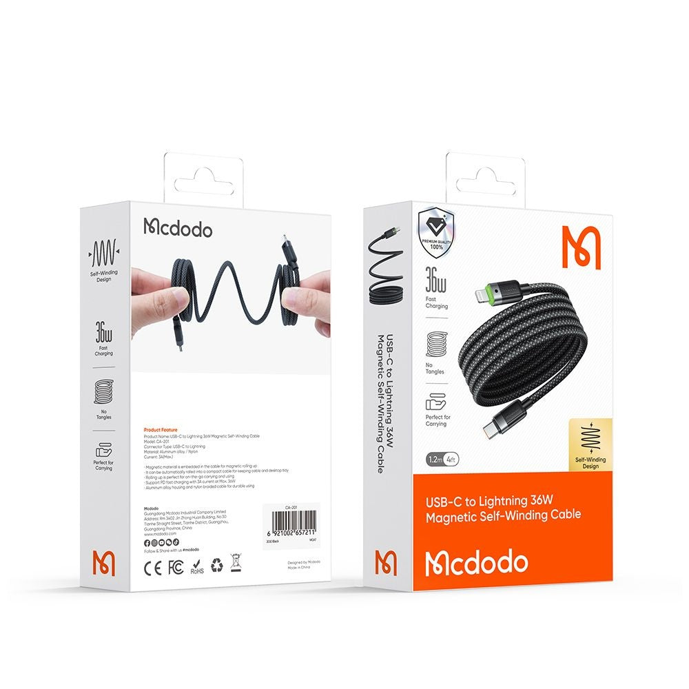 Kabel do danych i ładowania USB-C - Lightning McDodo CA-2010 Self Winding, 36W, 1.2m, Czarny