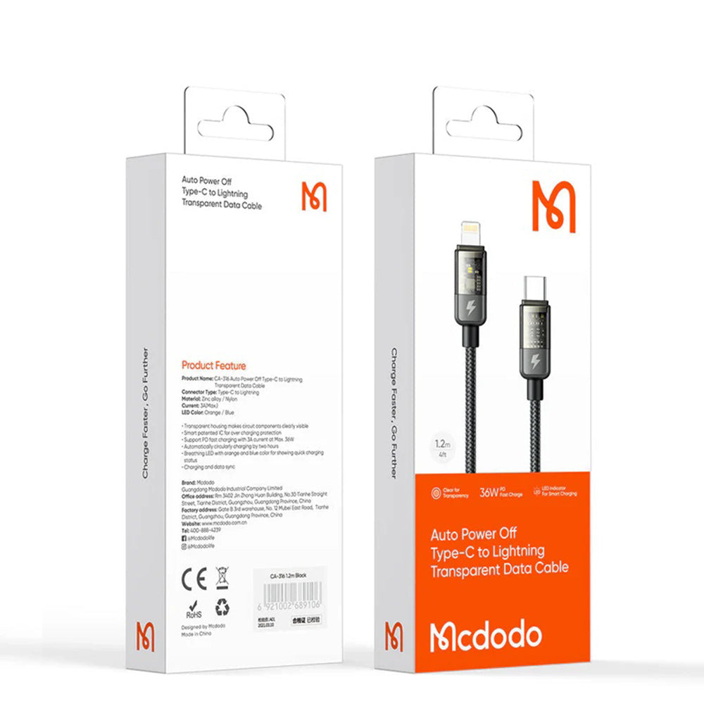 Kabel do danych i ładowania USB-C - Lightning McDodo CA-3160 Auto Power Off, 36W, 1.2m, Czarny