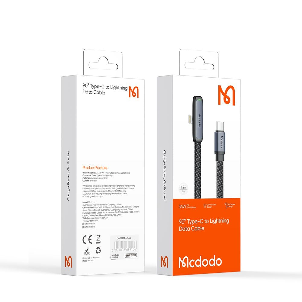 Kabel do danych i ładowania USB-C - Lightning McDodo CA-3350 Angled, 36W, 1.2m, Czarny