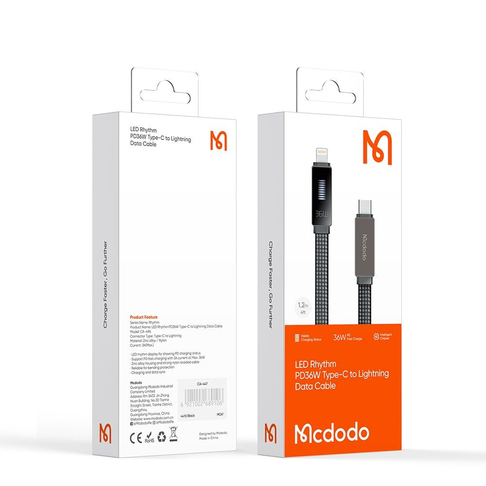 Kabel do danych i ładowania USB-C - Lightning McDodo CA-4960 Rythm Display, 36W, 1.2m, Czarny