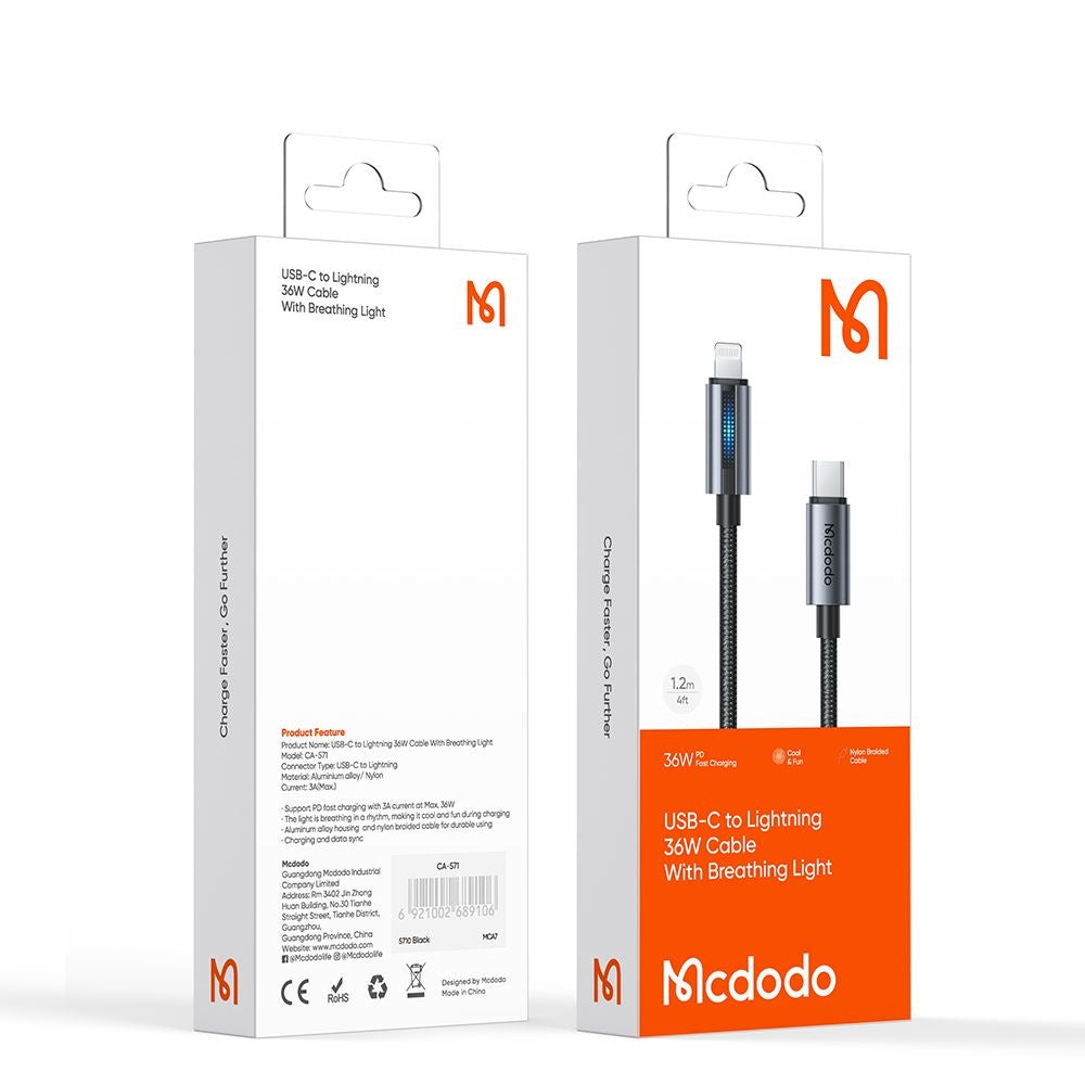 Kabel do danych i ładowania USB-C - Lightning McDodo CA-5710, 36W, 1.2m, Czarny