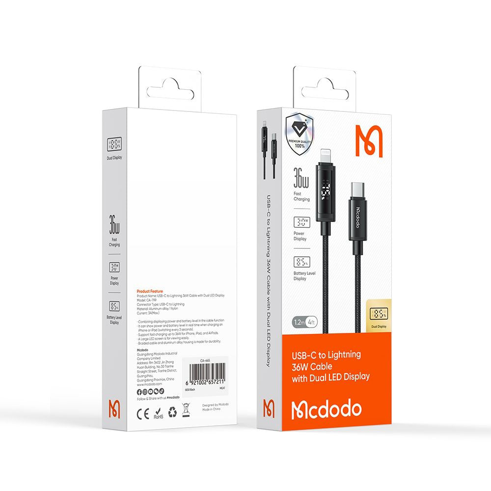Kabel do danych i ładowania USB-C - Lightning McDodo CA-7990 Display, 36W, 1.2m, Czarny