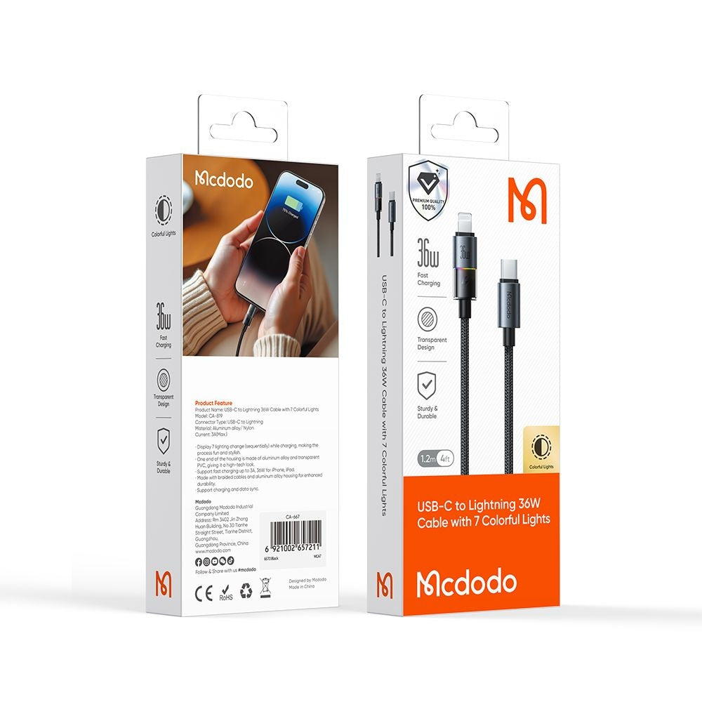 Kabel do danych i ładowania USB-C - Lightning McDodo CA-8190 Colorful, 36W, 1.2m, Czarny