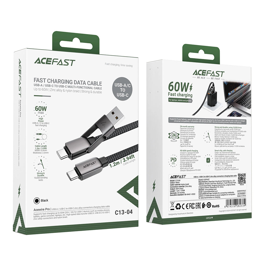 Kabel do danych i ładowania USB-C - USB-A / USB-C Acefast C13-04, 60W, 1.2m, Czarny