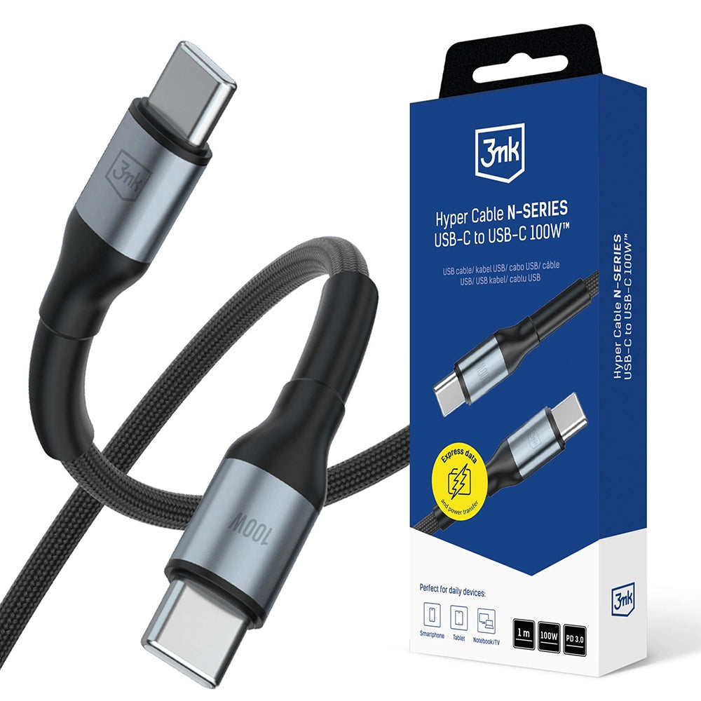 Kabel do danych i ładowania USB-C - USB-C 3MK Hyper N, 100W, 1m, Czarny
