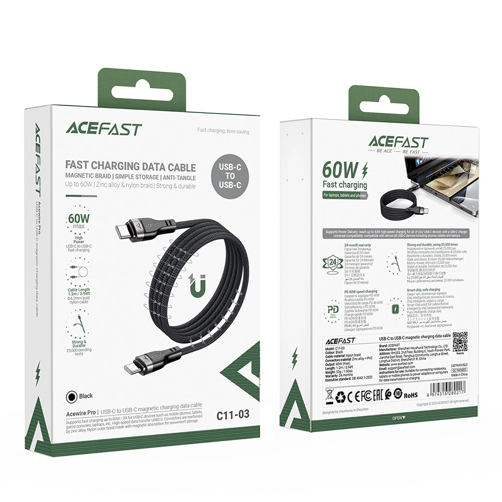 Kabel do danych i ładowania USB-C - USB-C Acefast C11-03, 60W, 1.2m, Czarny