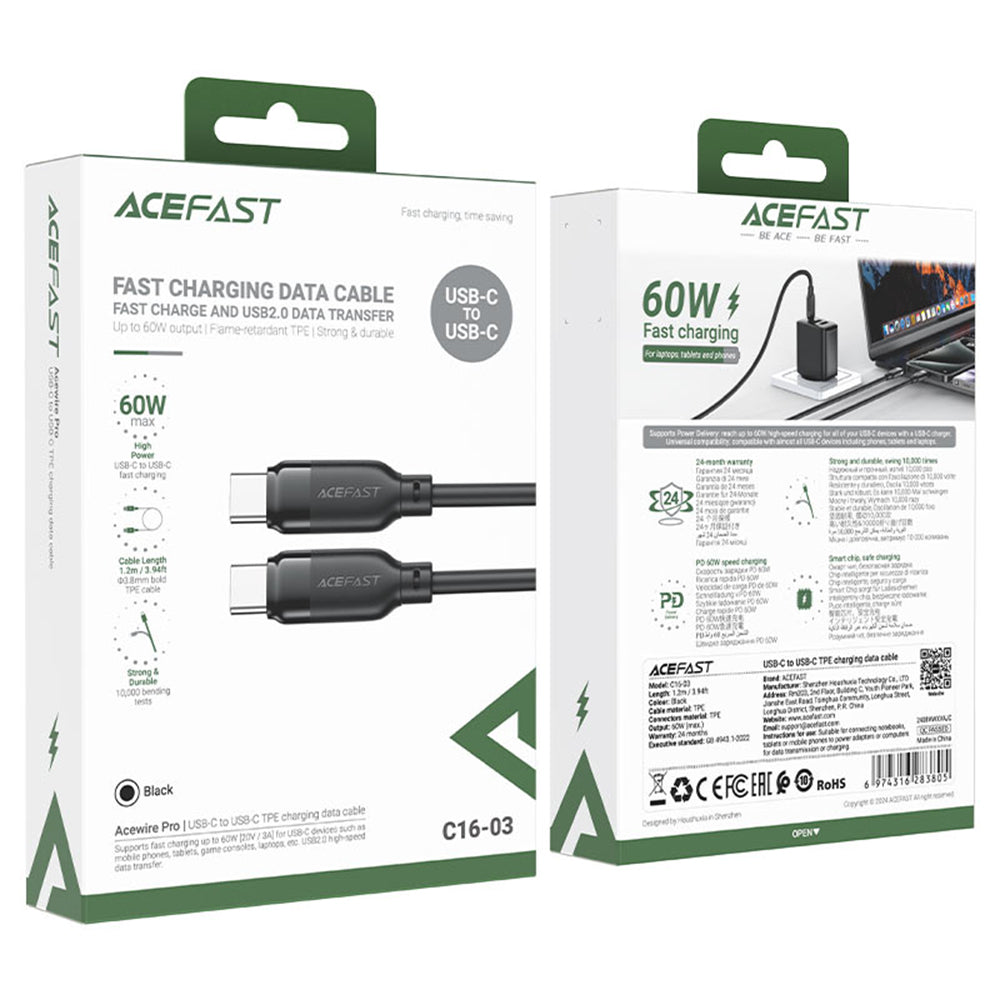 Kabel do danych i ładowania USB-C - USB-C Acefast C16-03, 60W, 1.2m, Czarny