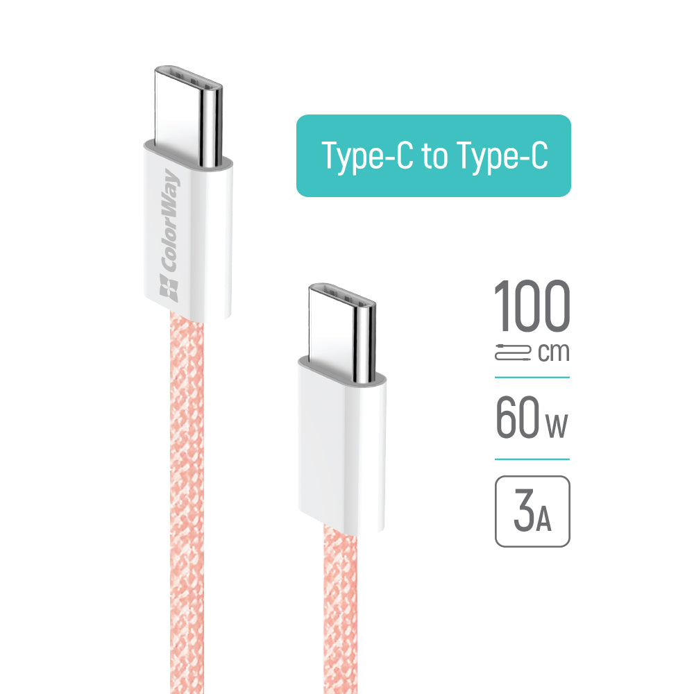 Kabel do danych i ładowania USB-C - USB-C ColorWay CW-CBPDCC061, 60W, 1m, Różowy