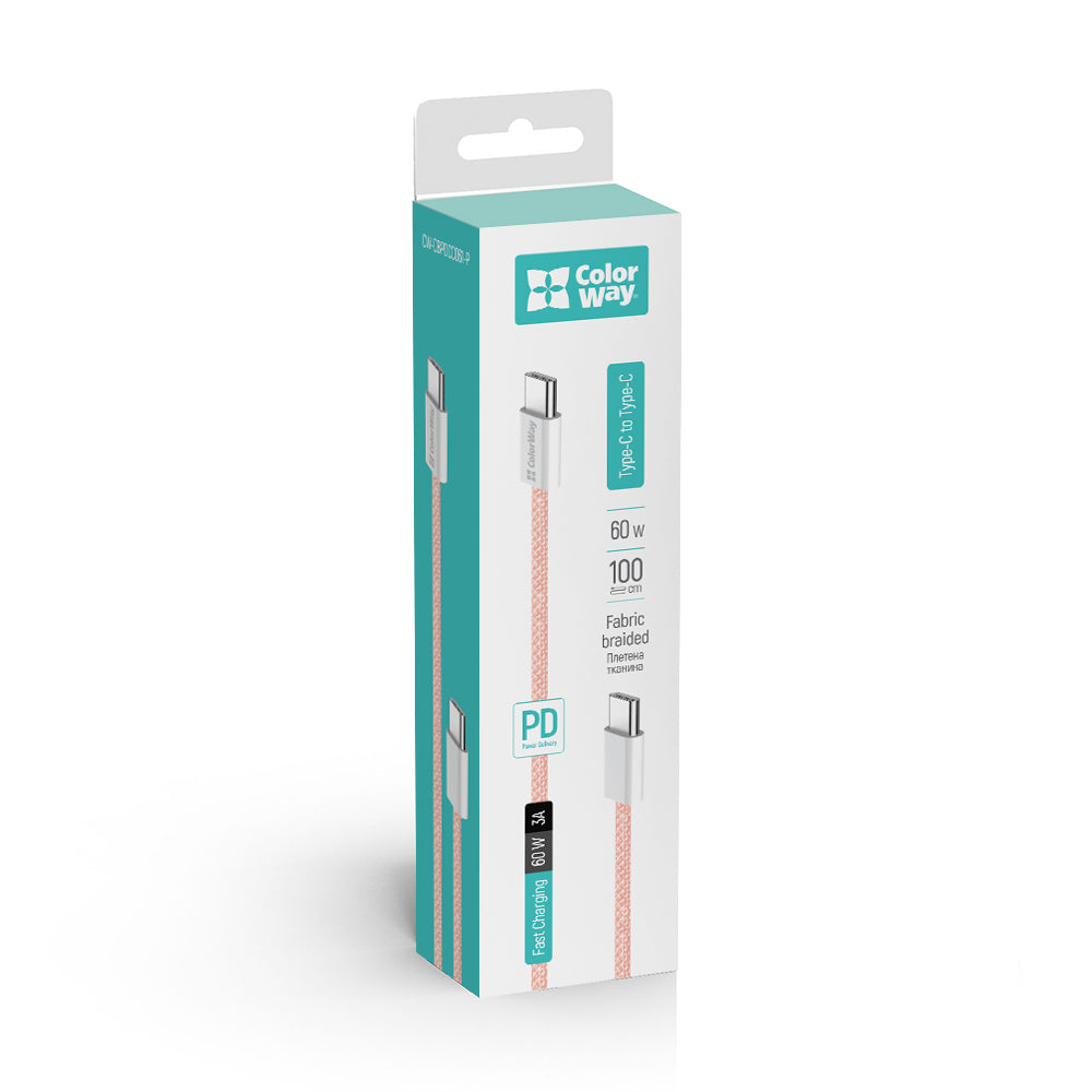 Kabel do danych i ładowania USB-C - USB-C ColorWay CW-CBPDCC061, 60W, 1m, Różowy
