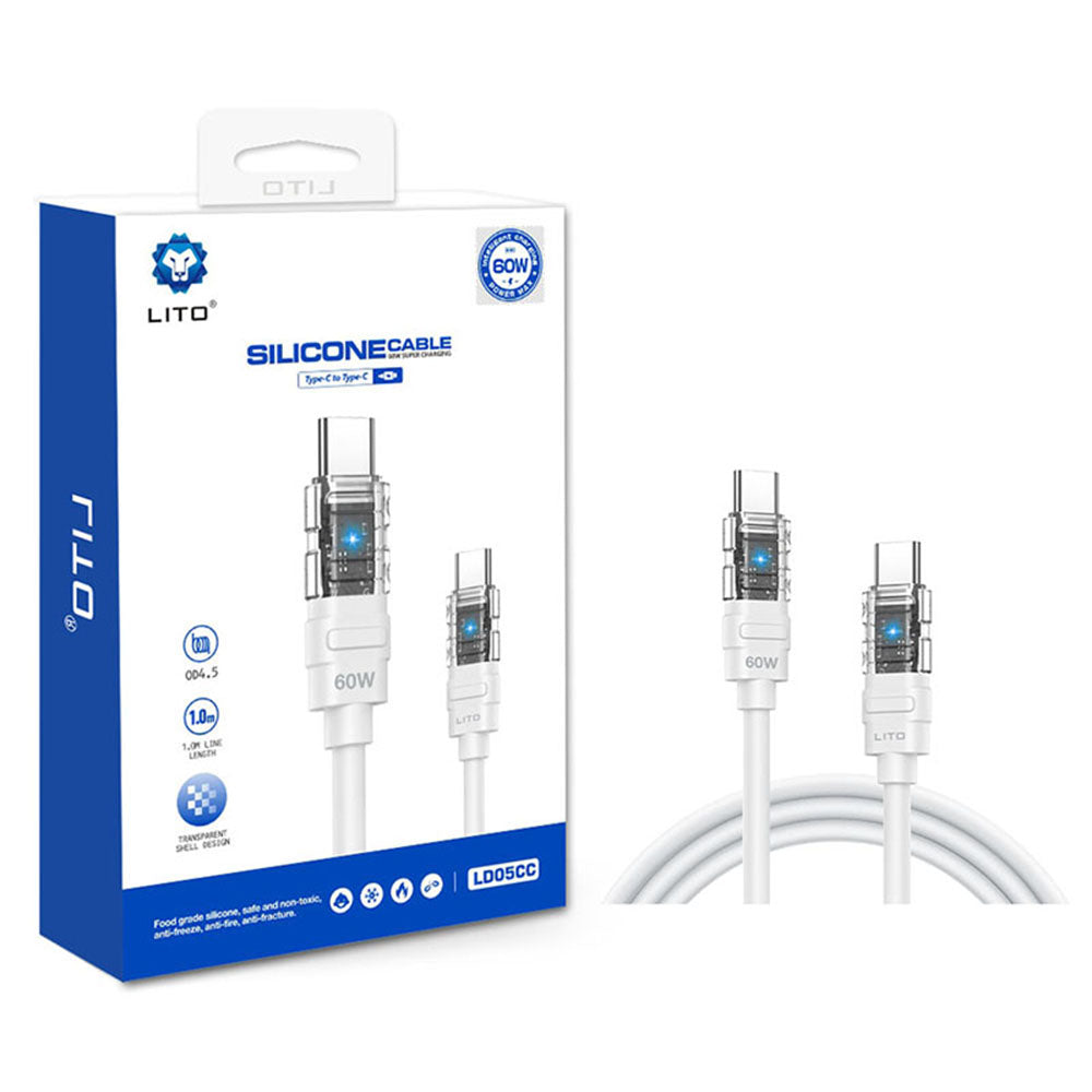 Kabel do danych i ładowania USB-C - USB-C Lito LD05, 60W, 1m, Biały