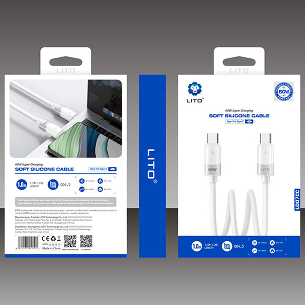Kabel do danych i ładowania USB-C - USB-C Lito LD07, 60W, 1m, Biały