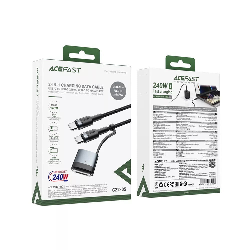 Kabel ładowania Acefast, USB-C - USB-C / MagSafe 3, 240W, 1.2m, Czarny