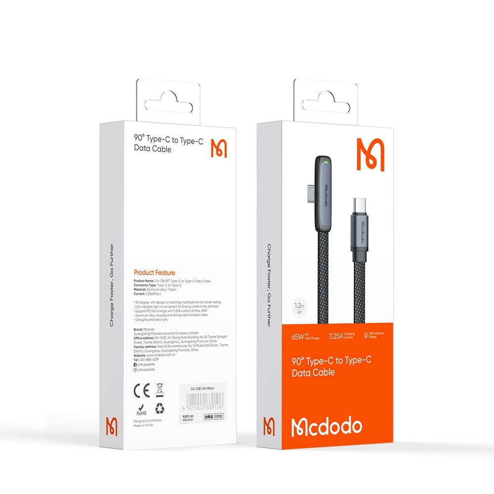 Kabel do danych i ładowania USB-C - USB-C McDodo CA-3360 Angled, 65W, 1.2m, Czarny