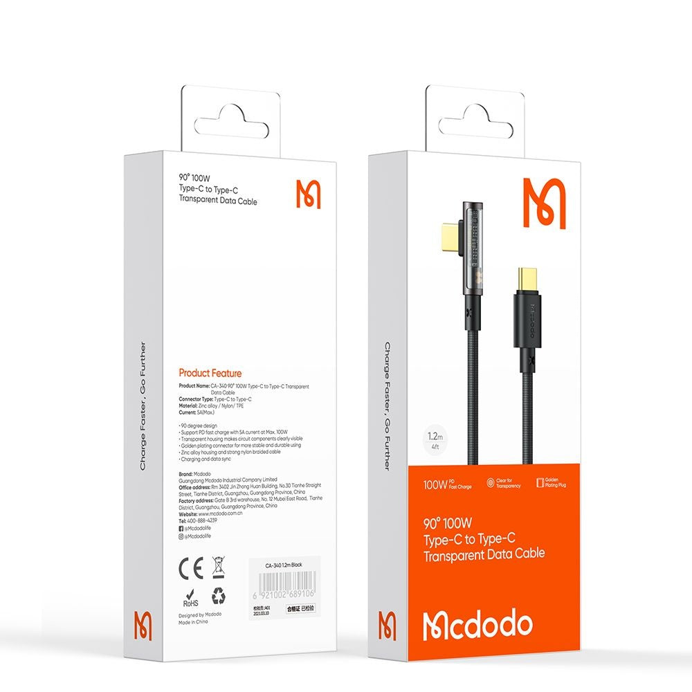 Kabel do danych i ładowania USB-C - USB-C McDodo CA-3400 Angled, 100W, 1.2m, Czarny