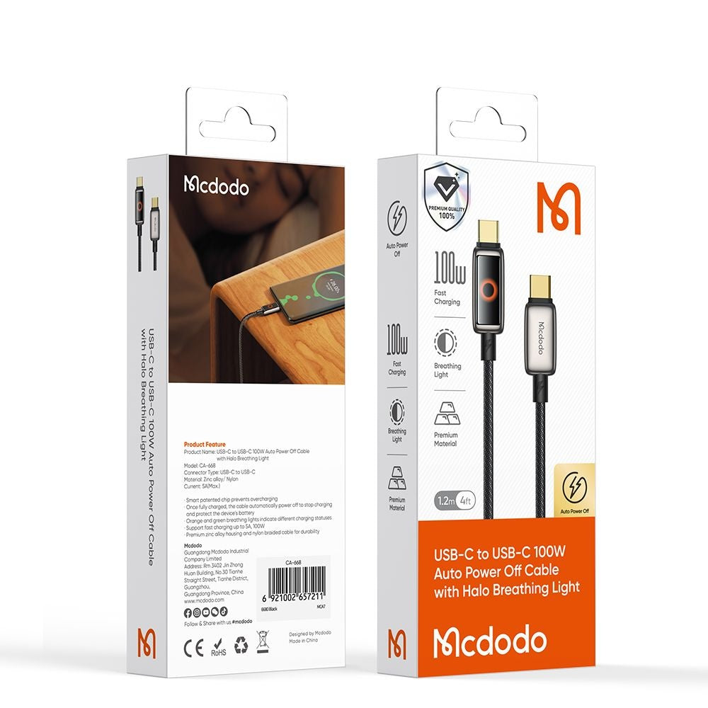 Kabel do danych i ładowania USB-C - USB-C McDodo CA-6680 Auto Power Off, 100W, 1.2m, Czarny