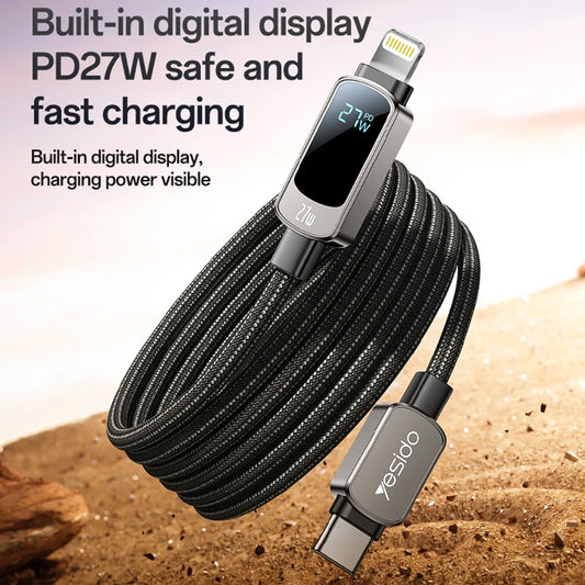 Kabel do danych i ładowania USB-C - USB-C Yesido CA180 Display, 27W, 1.2m, Czarny