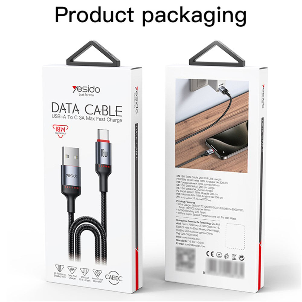 Kabel do danych i ładowania USB-C - USB-C Yesido CA183, 60W, 2m, Czarny