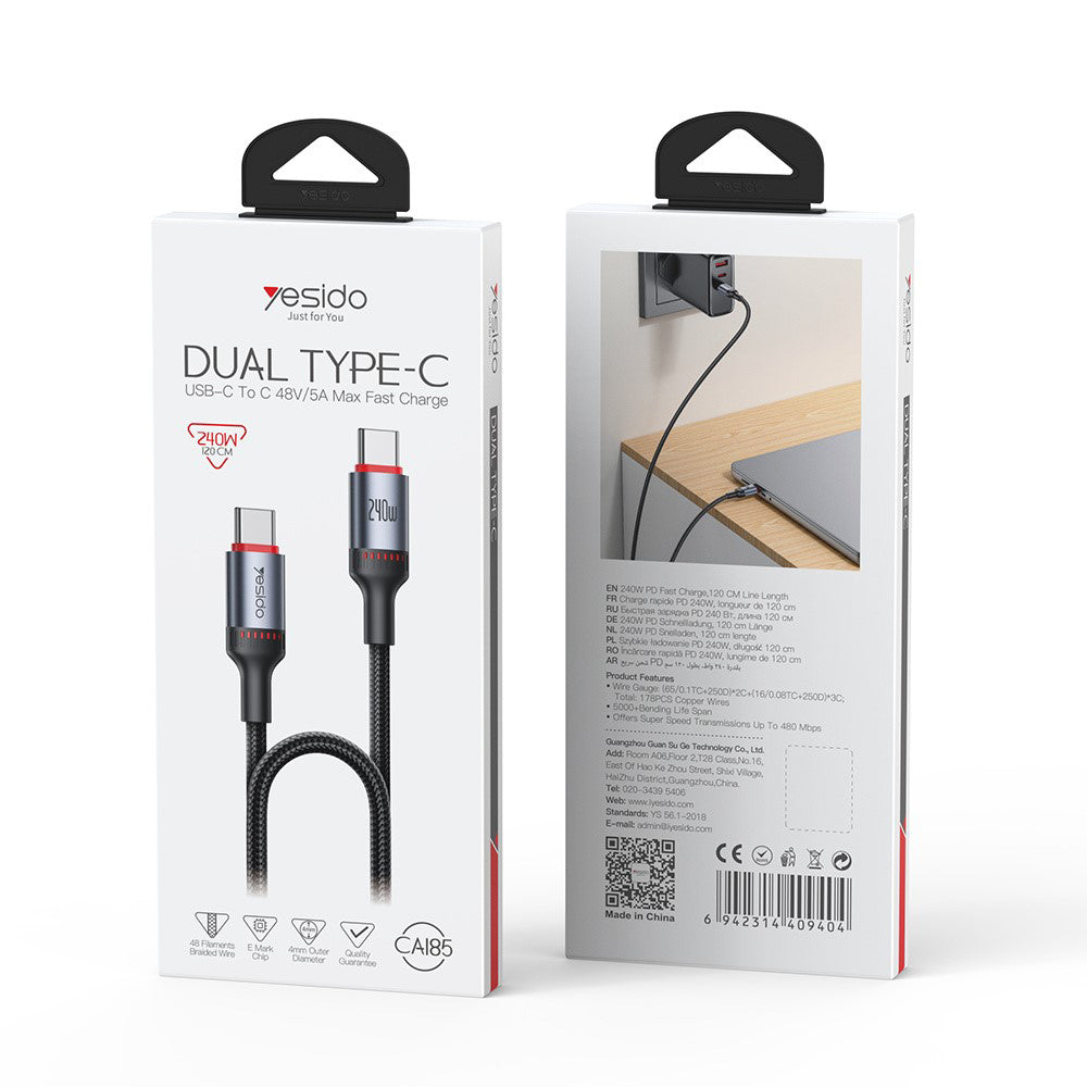 Kabel do danych i ładowania USB-C - USB-C Yesido CA185, 240W, 1.2m, Czarny