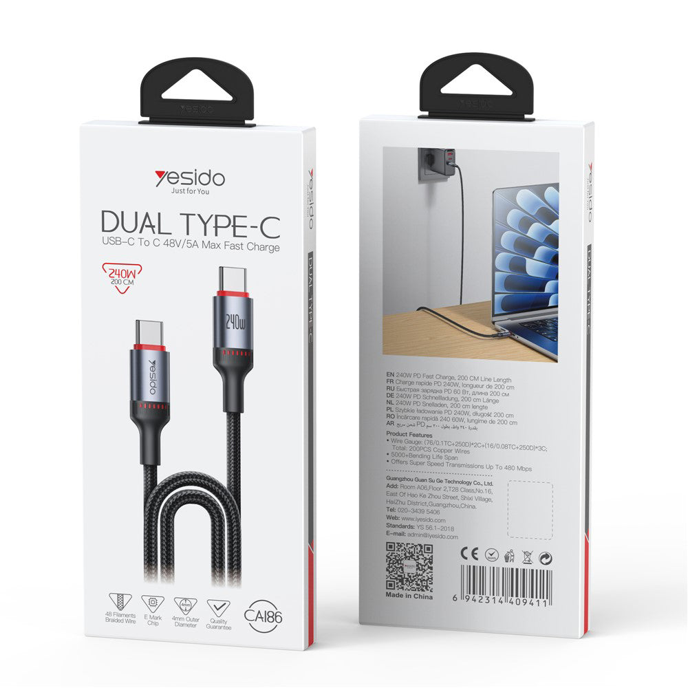 Kabel do danych i ładowania USB-C - USB-C Yesido CA186, 240W, 2m, Czarny