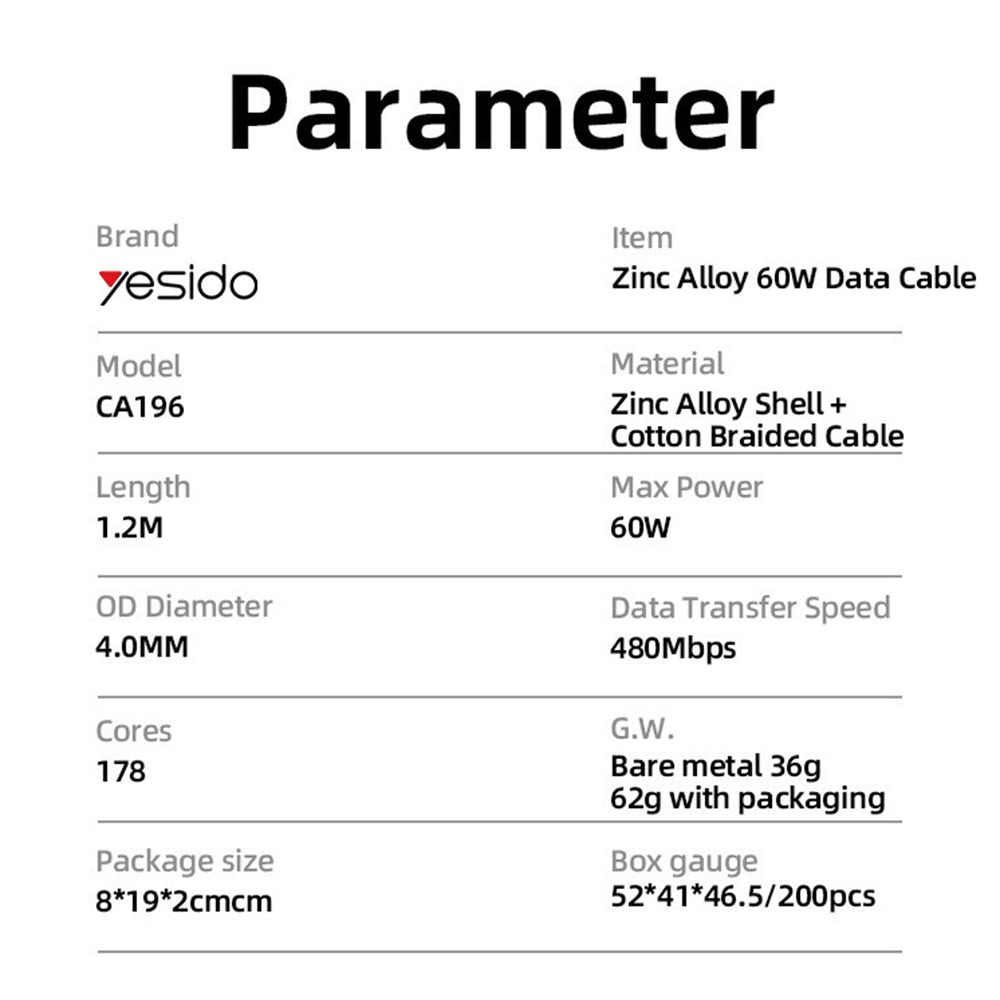 Kabel do danych i ładowania USB-C - USB-C Yesido CA196, 60W, 1.2m, Czarny