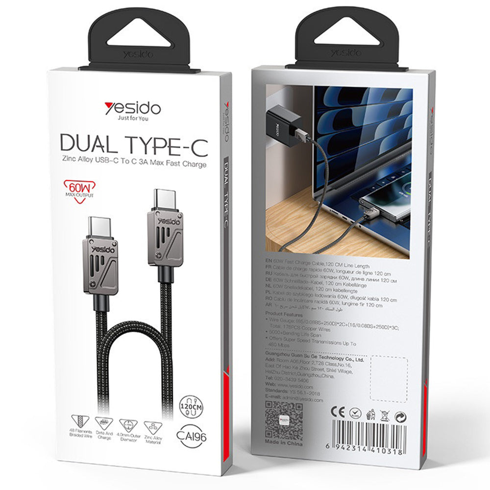 Kabel do danych i ładowania USB-C - USB-C Yesido CA196, 60W, 1.2m, Czarny