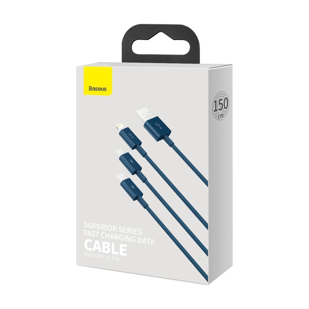 Kabel ładujący USB-A - Lightning / microUSB / USB-C Baseus Superior 3w1 Series, 20W, 1,5m, niebieski CAMLTYS-03