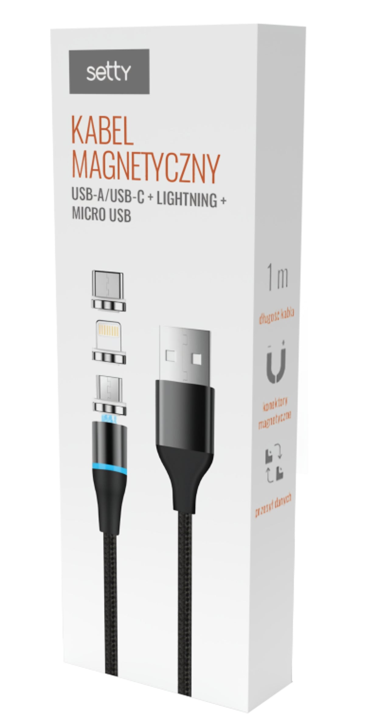 Kabel Ładowania USB-A - Lightning / microUSB / USB-C Setty Magnetic DT 3in1, 12.5W, 1m, Czarny
