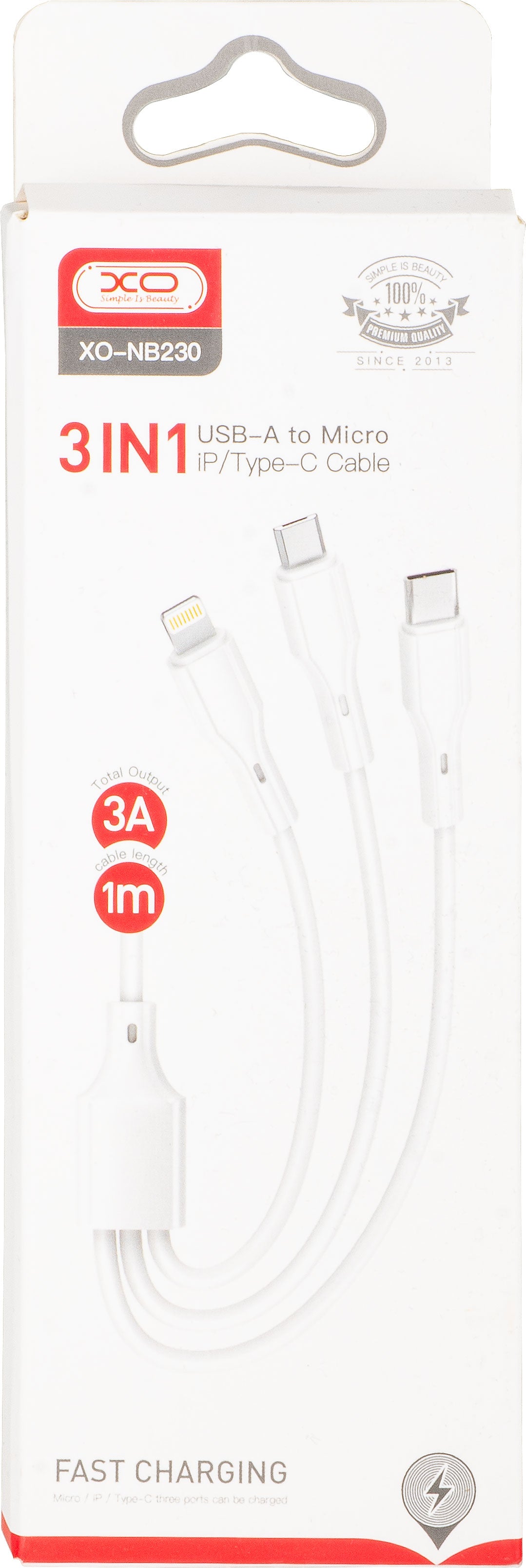 Kabel ładowania USB-A - Lightning / microUSB / USB-C XO Design NB230 3w1, 20W, 1m, Biały