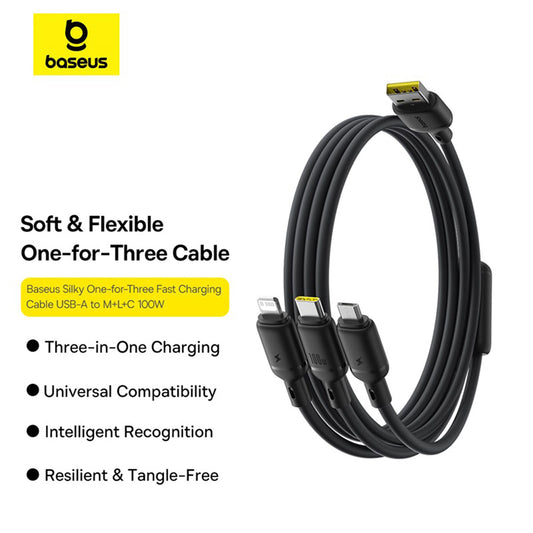 Kabel do ładowania USB-A - Lightning / microUSB / USB-C Baseus Silky 3w1, 100W, 1.5m, Czarny P10377705123-00