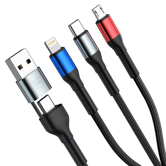 Kabel ładowania USB-A / USB-C - Lightning / microUSB / USB-C 3MK Hyper N, 18W, 1.2m, Czarny