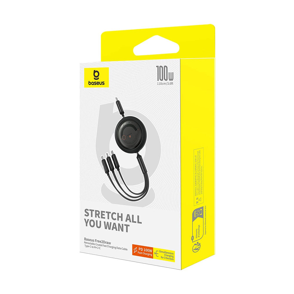 Kabel Ładowania USB-C - Lightning / microUSB / USB-C Baseus Free2Draw Retractable, 100W, 1.1m, Czarny P10368700111-04