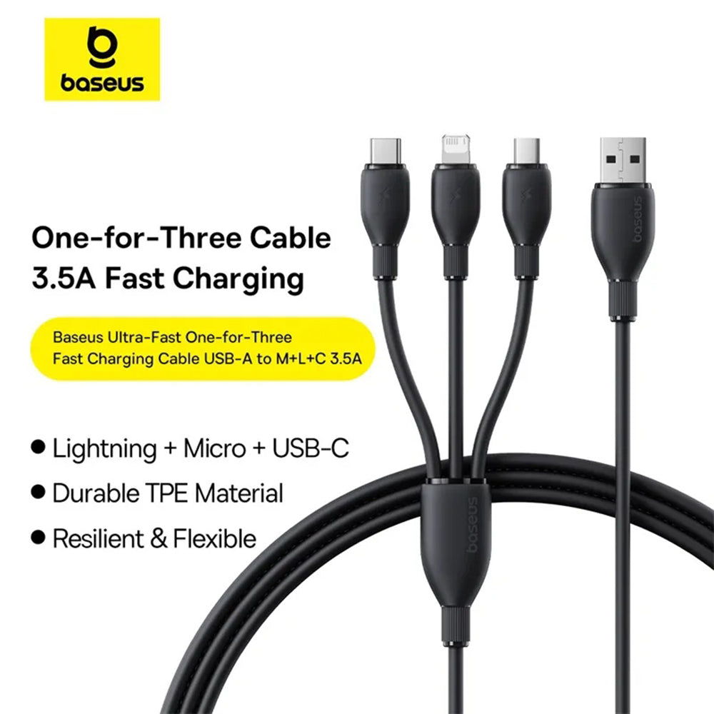 Kabel do ładowania USB-A - Lightning / microUSB / USB-C Baseus Ultra Fast 3w1, 18W, 0,8m, Czarny P10376303121-01