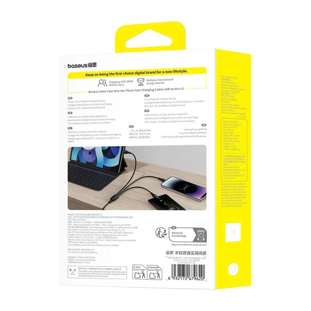 Kabel do ładowania USB-A - Lightning / microUSB / USB-C Baseus Ultra Fast 3w1, 18W, 0,8m, Czarny P10376303121-01