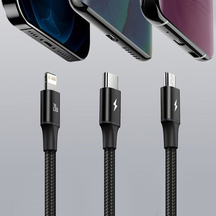 Kabel do ładowania USB-C - Lightning / microUSB / USB-C Baseus Rapid 3w1, 20W, 1,5m, Czarny CAMLT-SC01
