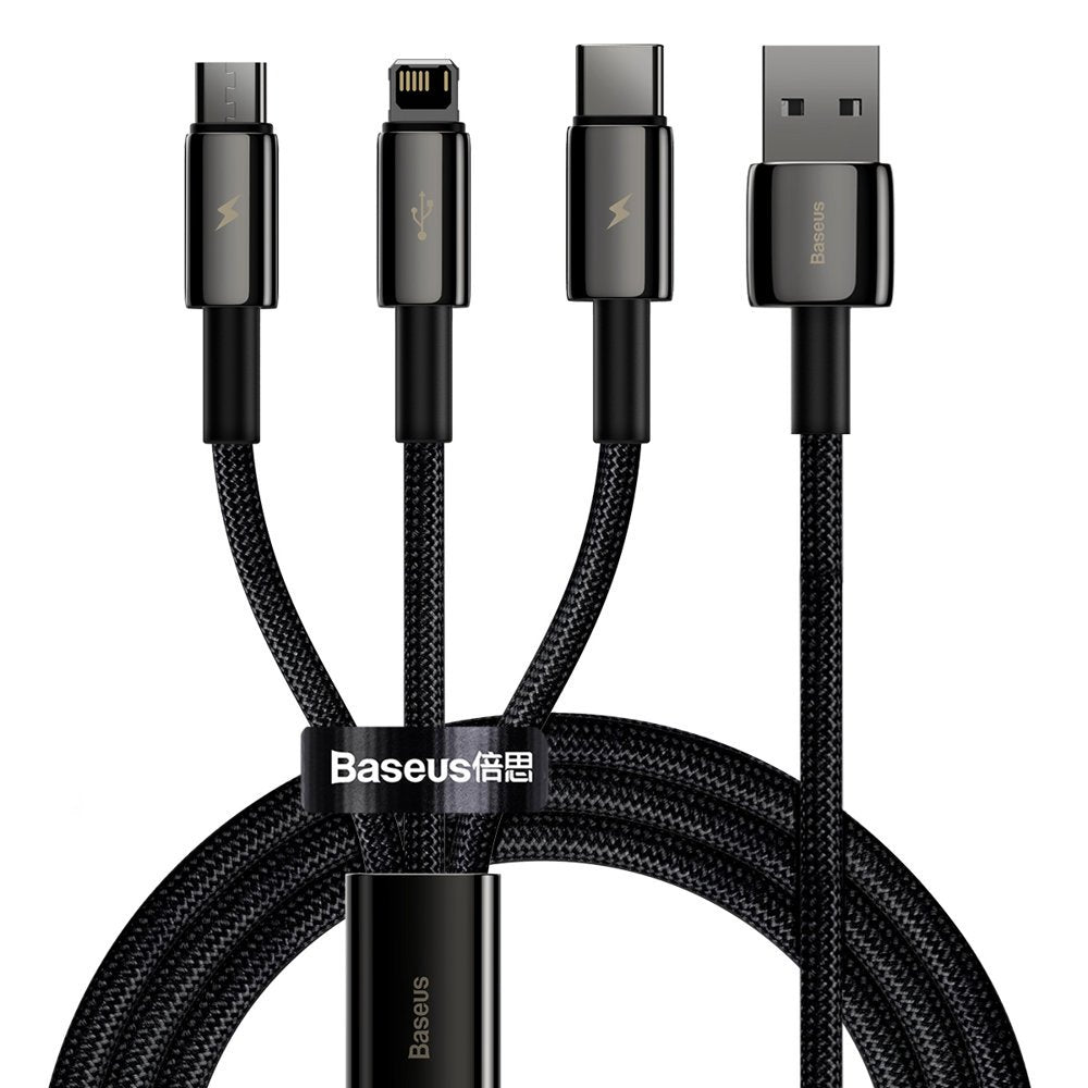 Kabel do ładowania USB-A - Lightning / microUSB / USB-C Baseus Tungsten Gold 3w1, 18W, 1,5m, Czarny CAMLTWJ-01