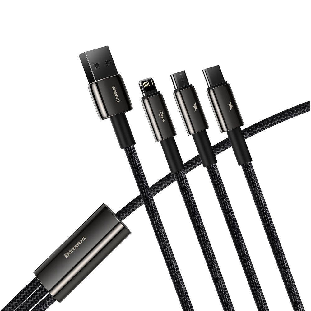 Kabel do ładowania USB-A - Lightning / microUSB / USB-C Baseus Tungsten Gold 3w1, 18W, 1,5m, Czarny CAMLTWJ-01