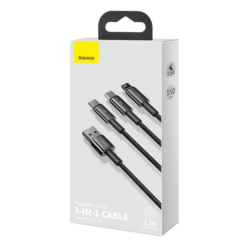 Kabel do ładowania USB-A - Lightning / microUSB / USB-C Baseus Tungsten Gold 3w1, 18W, 1,5m, Czarny CAMLTWJ-01