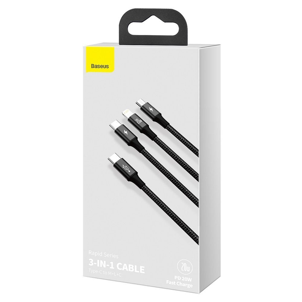 Kabel do ładowania USB-C - Lightning / microUSB / USB-C Baseus Rapid 3w1, 20W, 1,5m, Czarny CAMLT-SC01