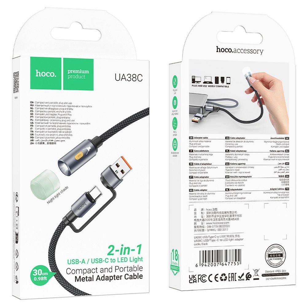 Kabel Led HOCO UA38C, USB-C / USB-A, 0,3m, Czarny