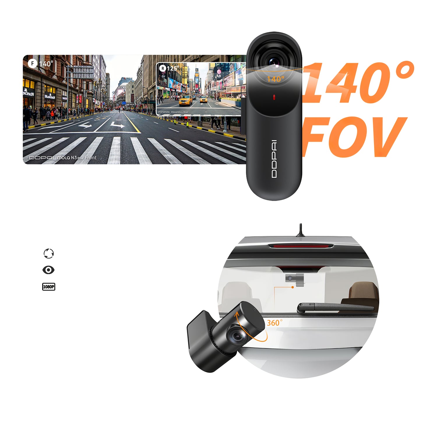 Kamera Samochodowa Przód Tył DDPAI mola N3 Pro, 1600P, Wi-Fi