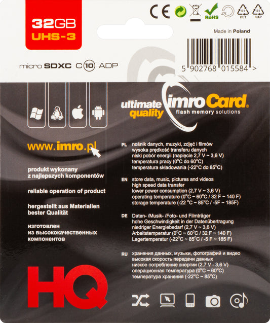 Karta pamięci microSDHC Imro, 32Gb, Klasa 10 / UHS-1 U3, Z adapterem