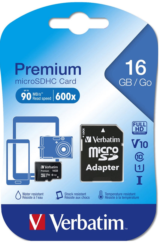 Karta pamięci microSDHC Verbatim, 16Gb, Klasa 10 / UHS-1 U1, Z adapterem