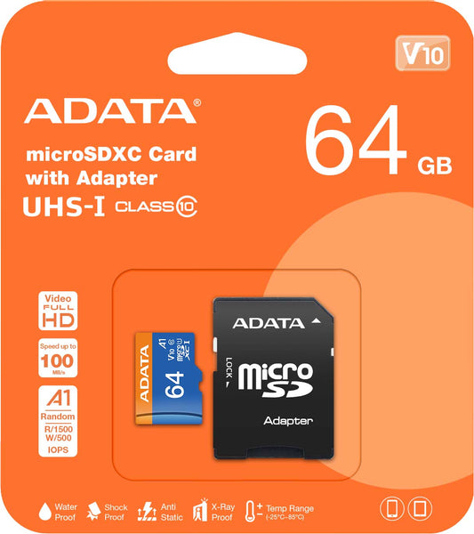 Karta pamięci Adata microSDXC, 64 Gb, Class 10 / UHS-1 U1, z adapterem AUSDX64GUICL10A1-RA1 AUSDX64GUICL10A1-RA1