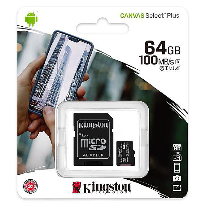 Karta pamięci microSDXC Kingston Canvas Select Plus Android A1, 64Gb, Klasa 10 / UHS-1 U1, z adapterem SDCS2/64GB