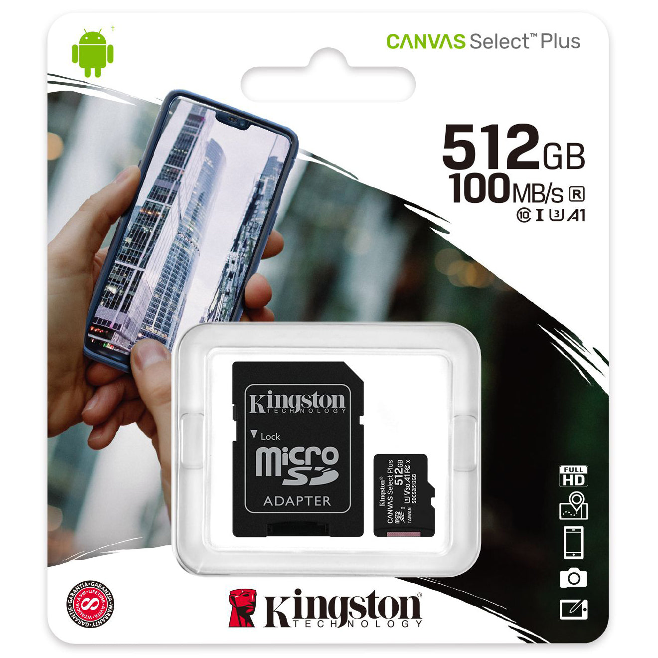 Karta pamięci microSDXC Kingston Canvas Select Plus Android A1, 512GB, Klasa 10 / UHS-1 U3, z adapterem SDCS2/512GB