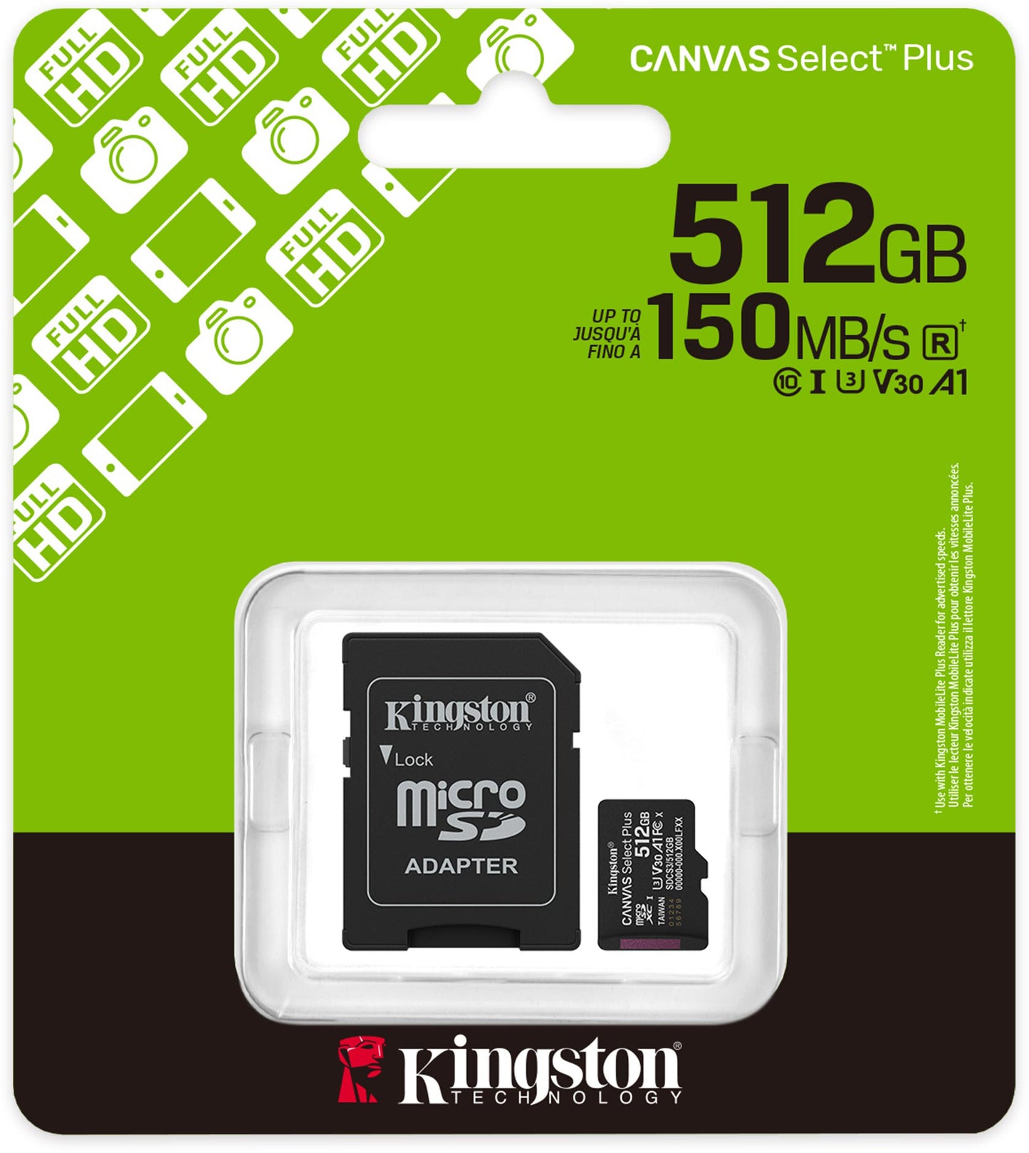 Karta pamięci microSDXC Kingston Canvas Select Plus Android A1, 512Gb, Klasa 10 / UHS-1 U3, Z adapterem SDCS3/512GB